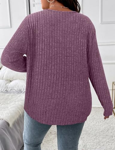 Image of Koscacy Women Plus Size Casual Knit Sweater with Pocket V Neck Solid Color Tops Lightweight Long Sleeve Blouses