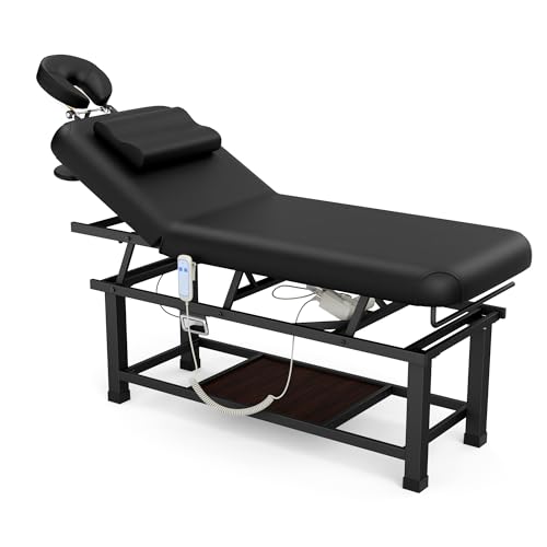 Image of pouseayar Heavy Duty Electric Stationary Massage Table with Backrest Adjustable and Storage Space for Treatment /Medical Spa /Facial /Beauty /Massage Bed and More - 30 Wide x 75 Long - Black