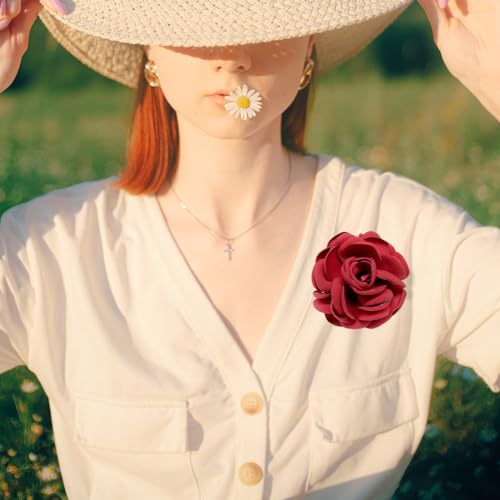 Image of Elegant Satin Fabric Rose Flower Brooch Pin Silk Large Big Camellia Brooch Lapel Pins Plant Floral Hair Clip Pins Wedding Party Jewelry for Women