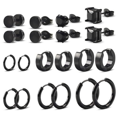 TAIHOBO Boucle D'oreille Homme Femme Noir, 10 Paires Boucle Oreille Homme Hypoallergéniques, Boucles D'oreilles Zircon Cubique, Boucle D'oreille Acier Inoxydable Piercing Tragus