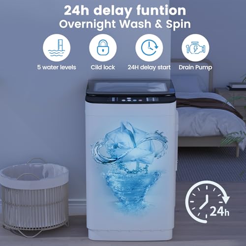 Image of VCJ Portable Washing Machine, 28 Lbs Full-Automatic Portable Washer with 10 Wash Cycles, 24 H Delays, LED Display, Electric Laundry Machine for Apartment, RVs, Dorms