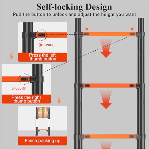 Image of Telescoping Ladder, 16.5 FT 330 Lbs Aluminum Extension Ladder, Black Orange | Telescopic, Collapsible & Adjustable, Compact Retractable Ladder for House, Roof, RV & Travel Trailer