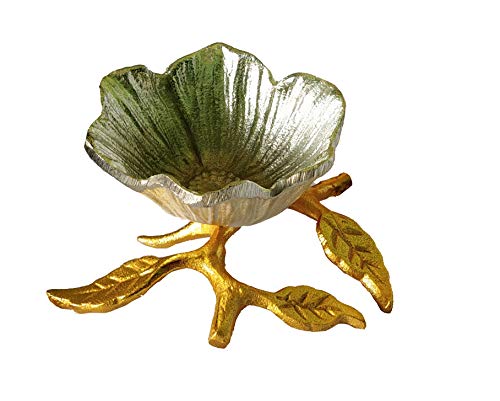 Image of Elegant German Silver Flower Bowl With Gold Leaf Stand - Premium Mixed Nuts, Candy & Dried Fruits Gift Set For Festive Snacking ,?0.2 L
