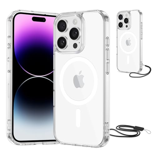 NEW'C Magnétique Coque pour iPhone 14 Pro (6,1 Pouces), Compatible avec MagSafe Antichoc Ultime avec Cordon – Magnétisme Puissant et Protection Militaire - Etui Fine - Transparent