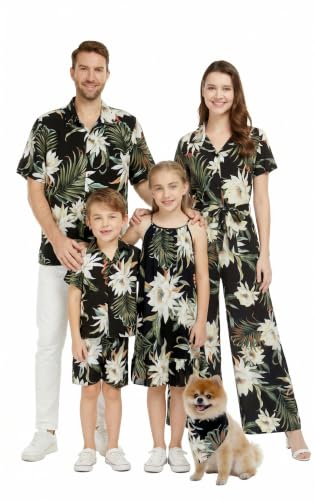 Image of Family Matching Hawaiian Clothes, Wispy Cereus Black | Lightweight 100% rayon • Family matching outfits • Tropical floral print • Beach vacations • Luaus • Cruises • Family photos