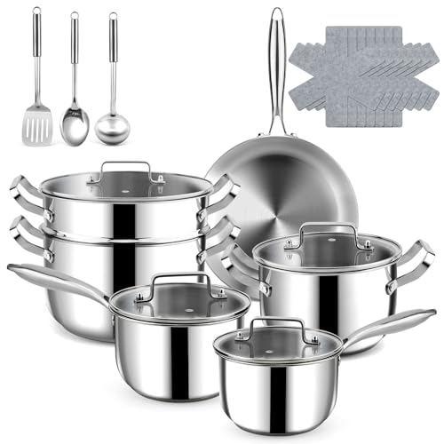 20P Stainless Steel Pots and Pans Set -3 Ply 30 cm Frying pan - 18/20 cm Saucepans & 22/26 cm Casserole, Non Stick Induction Hob Cookware Set