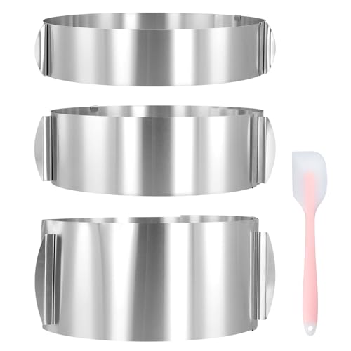 PUCSIQ 3 Stück Verstellbare Tortenringe Set, Ø 16-30 cm, 6/8,5/12 cm hoher Kuchenring aus Edelstahl, Backring Verstellbar mit Skala, Spatel und Griffen für Mousse, Gebäck und Backen