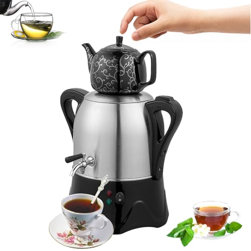 Electric Turkish Tea Maker, 2 Tier Electric Tea Kettle, Electric Turkish Samovar with Keep Warm Function, 3L Stainless Steel Teapot, 1L Ceramic Teapot, for Coffee, Scented Tea, Turkish Tea, Black