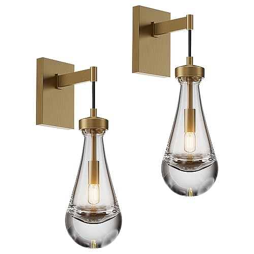 Yuexpand Wall Sconces Set Of Two, Brass Raindrop Sconces Wall Lighting,Indoor Kitchen Wall Decor Lamps,Wall Lamp With Hand Blown Solid Glass Perfect For Bedroom, Living Room,Vanity(Including Bulb) #TOP4