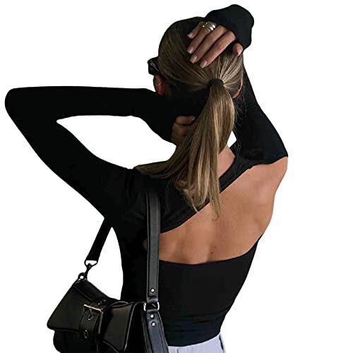 Women's Sexy Backless Long Sleeve T Shirt Open Back Slim Fit Crewneck Summer Casual Y2K Crop Tee (Black B, L) Cover