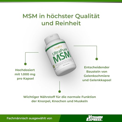 MSM Hochdosiert, Ultra Pure MSM Kapseln mit 1000 mg Methylsulfonylmethan, 180 Kapseln für 6 Monate, ohne unnötige Zusätze Vitality Nutritionals by VitaminExpress