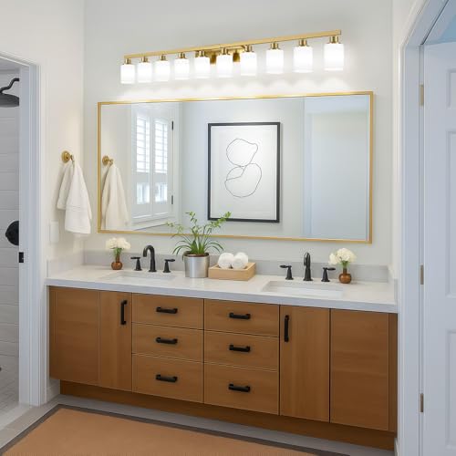 Image of Gold Vanity Light 10-Light Brushed Gold Bathroom Light Fixture 64in | White Frosted Ribbed Glass Shade Bathroom Lights over Mirror Modern Wall Lamp Sconces for Mirror Bedroom Hallway E26 Base