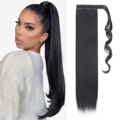TESS Queue de Cheval Extension 60 cm, Ponytail Cheveux Naturel Lisse Noir foncé Fausse Queue de Cheval 90g