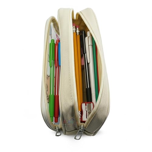 Image of Alokik Enterprise Cute Cartoon Pencil Pouch with Double Zipper & Transparent Window, Large Capacity Fabric Pen Case for School, Office, Students, Kids & Teens (Daily Life Off White Pouch)