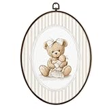 Gnmduw Bear Nursery Oval Wall Art Framed, Vintage Baby Girl Nursery Canvas Prints Hanging Decor, Beige Striped Bow Bear Wall Decor for Girls Room Bathroom Living Room Playroom, 8.7x11.3 Inch