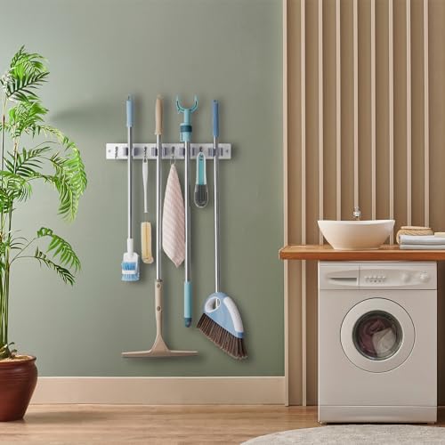 image for OUTNILI White Mop Broom Holder Wall Mount with 4 Slots & 4 Hooks - Woo