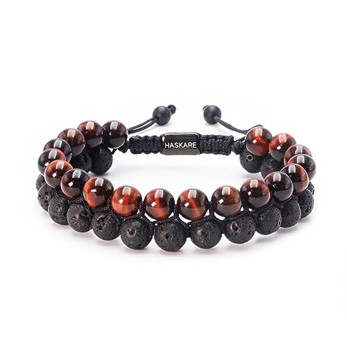 HASKARE Energy Beads Tiger Eye Bracelet for Men, Red Tiger Eye Beads Lava Stone Bracelets, Handmade Protection Crystal Bracelet Mens Jewelry Bracelets Father Christmas Gift for Stress Relief 8mm
