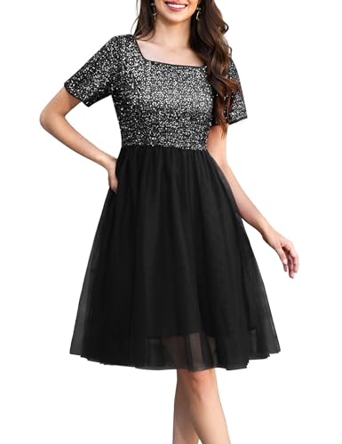 MuaDress Vestido de tul formal de manga corta con cuello cuadrado para mujer, para cóctel, fiesta, cóctel, fiesta, vestido de tul, Negro, L