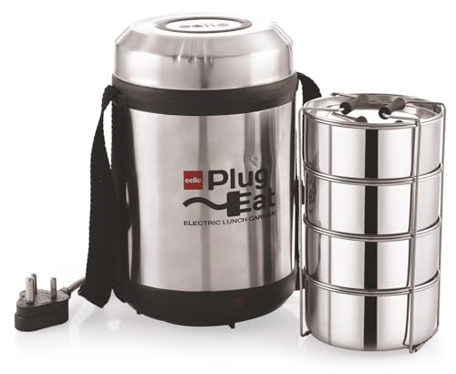 Image of CELLO Electro 4 Tier Compartment Stainless Steel Electric Lunch Box For Office Use Silver |Shock Proof & Cool Touch Outer Body, Rubber Grip Lift Handle Leakproof Stainless Steel Electric Lunch Carrier