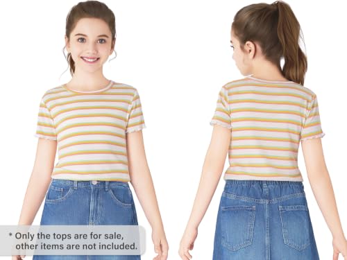Image of Girls Striped T-Shirt Lettuce Trim Short Sleeve Top Size 6-16 | Soft stretch ribbed knit fabric, breathable blouse,summer outfit for big girls & teen, for school, party and daily activity
