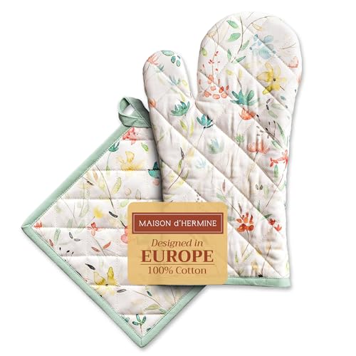 Maison d' Hermine 100% Cotton Oven Mitt & Pot Holder Set (7.5'x13' & 8'x8') Heat Resistant BBQ Cooking Gloves with Loop Baking Grilling Kitchen Easter Decorations Spring/Summer (Colmar)