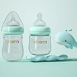 Oberni Glass Baby Bottles, Anti Colic Newborn Milk Bottles for Babies 0-3 Months, 120ml/4oz Baby Glass Bottles with Natural Response Slow Flow Breast-Like Nipple, Blue/2 Pack