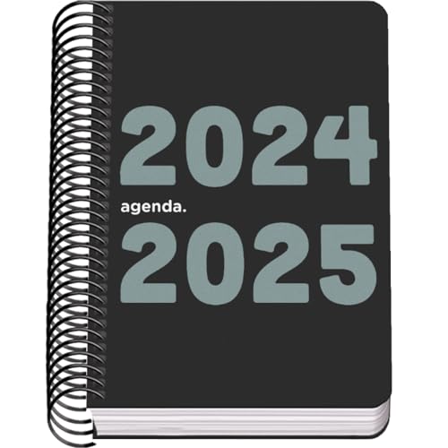Dohe - School Diary 2024 2025 – Day by Page, Size A6 (12 x 17 cm), Ring Closure, Flexible Plastic Cover, Spanish and English, September to June, School Supplies – Memory Black
