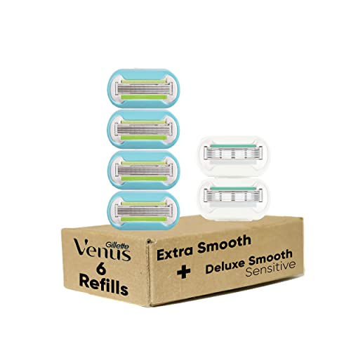 Gillette Venus Womens Razor Blade Refills,Venus Extra Smooth 4 Count and Venus Deluxe Smooth Sensitive 2 Count, 6 Total Refills