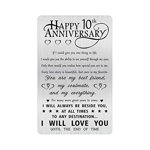 Alotozo 10th Anniversary Card Gifts for Him Husband, Happy 10 Years Wedding Anniversary Engraved Wallet Card Gift for Her Boyfriend Men