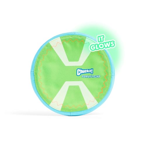 Image of Chuckit! Max Glow Paraflight Flying Disc Dog Toy, Small (6.75 inch), Green And White