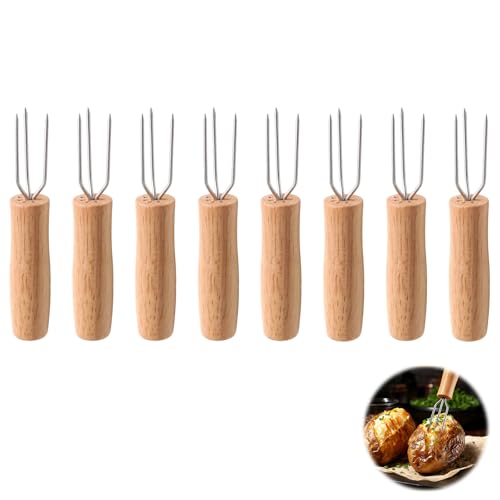 Miniatura 7 de Set De 8 Tenedores Para Patatas Al Hervir Y Pinchos Para Mazorcas De Maíz Con Mango De Madera De Haya Y Punta De Acero Inoxidable, Utensilio De Cocina Para Sujetar Verduras Al Pelar O Comer.