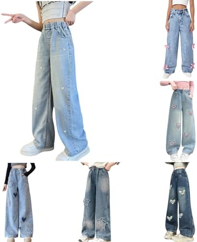 Jeans for Girls Baggy Wide Leg Cute Bow Love Heart High Elastic Waisted Denim Pants Y2K Streetwear Preppy Clothes 5-14Y