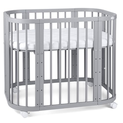 Waldin Babybett 5in1, Beistellbett aus Holz, Matratze, Belüftet, Boden 5-Fach Verstellbar, Grau