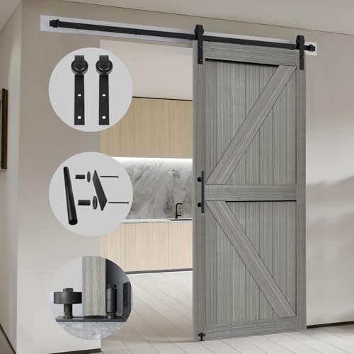 Image of S&Z TOPHAND 34in x 84in MDF Elephant Gray Barn Door with 6.6FT Sliding Hardware Kit, Solid Barn Door Slab Covered with Water-Proof PVC Surface /Simple Assembly is Required