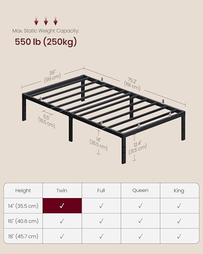 Image of VASAGLE Twin Metal Bed Frame 14 Inches Tall, 550 lb Weight Capacity, No Box Spring Needed, with Under-Bed Storage, Easy Setup, Heavy-Duty Platform Bed, Mattress Retainers, Matte Black URMB653BD02S