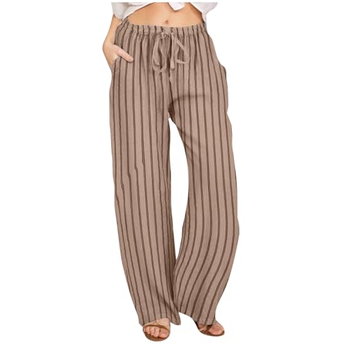 Yolimok Striped Wide Leg Trousers Women UK, Ladies Striped Trousers Cotton Linen Pants High Waisted Baggy Palazzo Pants Casual Lightweight Full Length Beach Holiday Bottoms