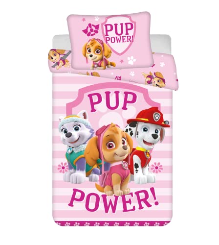 Ropa de cama infantil reversible Paw Patrol Skye Everest Marshall Pup Power rosa, funda nórdica de 100 x 135 cm y funda de almohada de 40 x 60 cm, 100% algodón