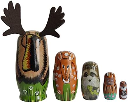 Magic Wood Russian Nesting Dolls Handmade Cute Cartoon Animals Pattern Wooden Matryoshka Dolls for Kids Nesting Doll Toy Stacking Doll Set of 5 (Moose)