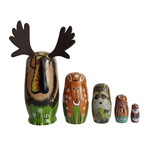 Magic Wood Russian Nesting Dolls Handmade Cute Cartoon Animals Pattern Wooden Matryoshka Dolls For Kids Nesting Doll Toy Stacking Doll Set Of 5 (Moose) #TOP2