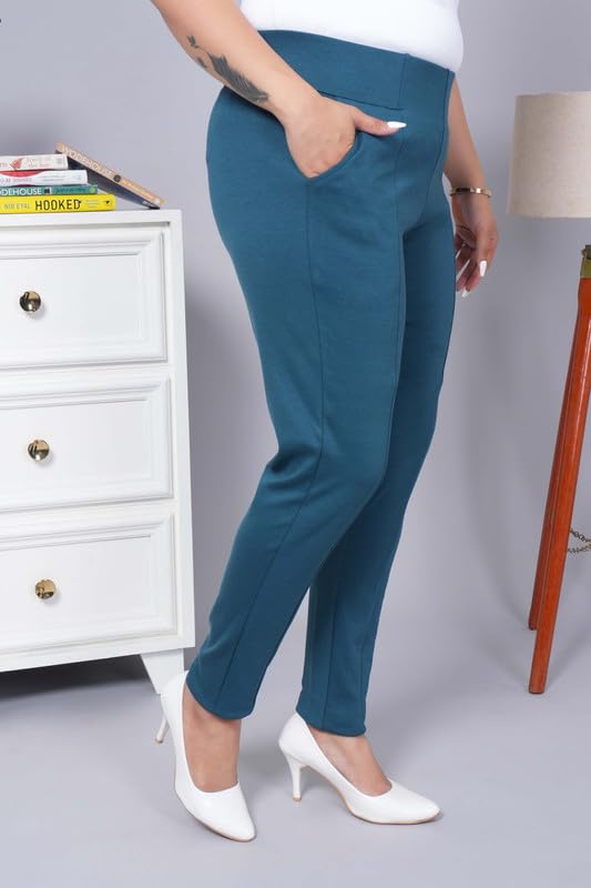Image of Mlada Women's Solid Cotton Lycra High Waist Ankle Length Tummy Tucker Jeggings Trouser with 2 Side Pockets | Office Wear Summer Pants | Regular Fit, Stretchable, Comfortable & Stylish Everyday Bottoms