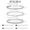 JEMARA 3 Pcs Stainless Steel Bracelets for Mens, Sturdy Curb Width Snake Figaro Cuban Chain Bracelet Set Adjustable Stack Silver Chain Bracelet for Men #3