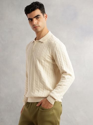 Image of Thomas Scott Men's | Regular Fit | Long Sleeves | Self Design | 100% Cotton | Button Closure | Dry Clean | Polo Collar | Knitted | T-Shirt