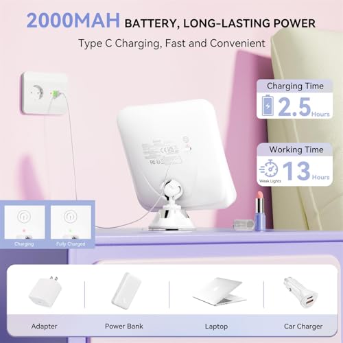 Auxmir Espejo Maquillaje con Luz 30X, Espejo Aumento Ventosa Ducha, 2000 mAh USB Recargable, 360 Giratorio, 3 Colores de Luz, Inalámbrico para Pared Baño Viaje, Afeitado Depilación Cejas, Cuadrado - imagen 5