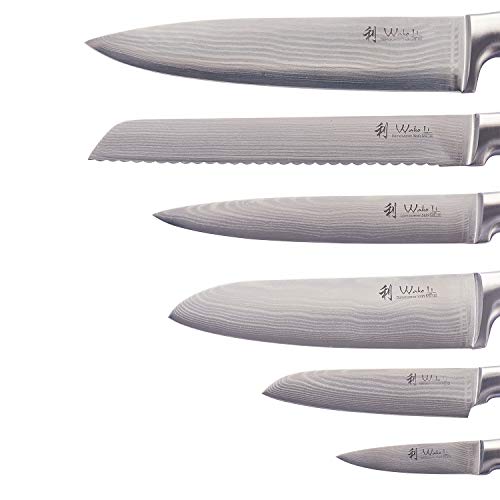 Foto von Wakoli EDIB 6er Damastmesser-Set mit Messerblock aus Nussbaumholz I 8-20,5cm Klingen gefertigt aus 67 Lagen echtem Damaststahl mit Pakkaholzgriff I Premium Damast Küchenmesser & Kochmesser im Set