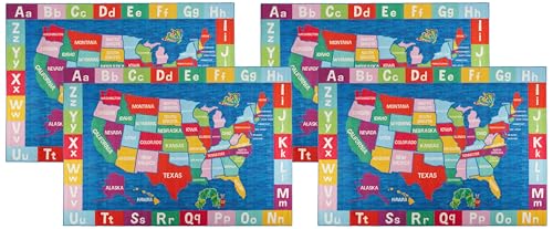 Eric Carle Elementary USA Map Kids Machine Washable Area Rug Blue/Red, 35"x51" (Pack of 4)