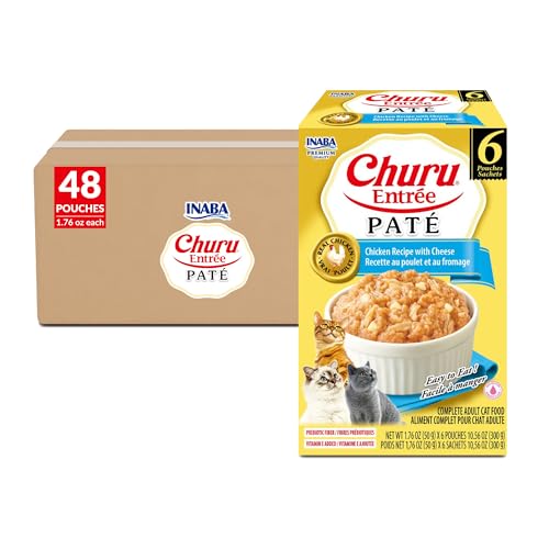 Image of INABA Churu Entree Pate for Cats, High Protein & Moisture, Prebiotic Wet Cat Food, 1.76oz. per Serving, 48 Pouches, Chicken with Cheese Recipe