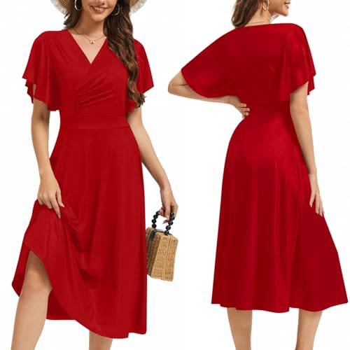 Image of DinyIn Red A Line Dress for Women Summer Short Sleeve Waist Midi Dresses Casual Wrap Ruffle Wedding Guest Party Outfits