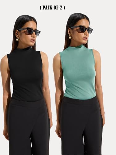 Image of KOTTY Women's Sleeveless High Neck Ribbed Tank Top Combo Pack of 2 Stylish Casual & Office Wear Tops