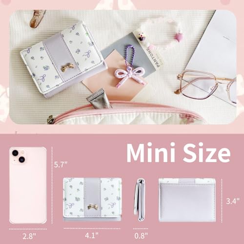 Image of Girls Wallet Cute Bow Coquette Floral Small Kawaii for Women Aesthetic ID Window for Ladies (Purple)