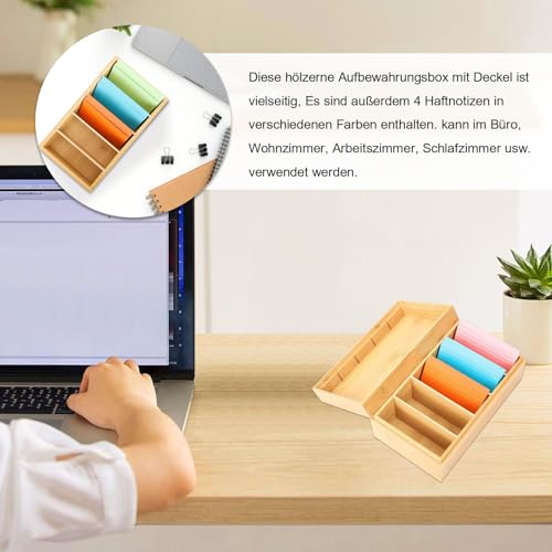 A7 Karteikarten Box Holz, 22x12,6x9cm Holzkarten Vokabelbox mit Deckel, Holzbox Card Storage Box mit 4 Herausnehmbar Trennwänden und 400 Stück Haftnotizen, Lernkarteibox Holz(Inklusive Index Cards)